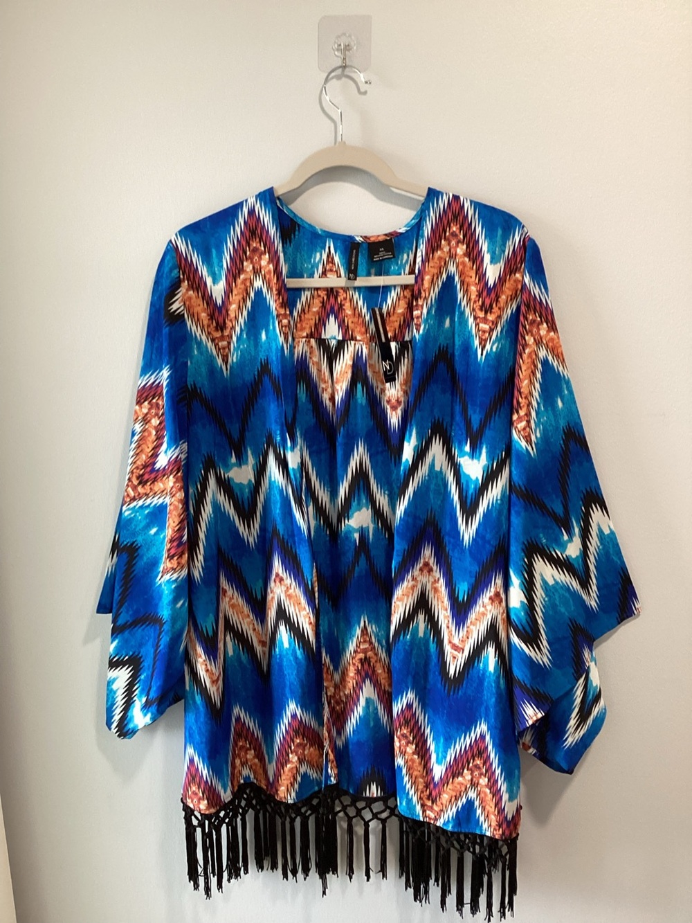 new directions Blue Chevron Fringe Tunic with Multicolor Accents